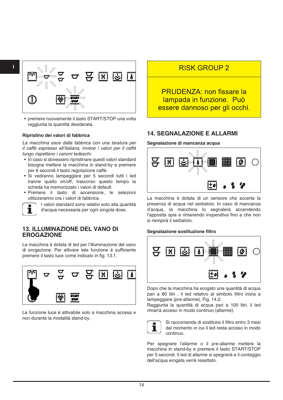 Illuminazione del vano di erogazione, Segnalazione e allarmi | Fulgor Milano CCM 4509 TC User Manual | Page 14 / 96