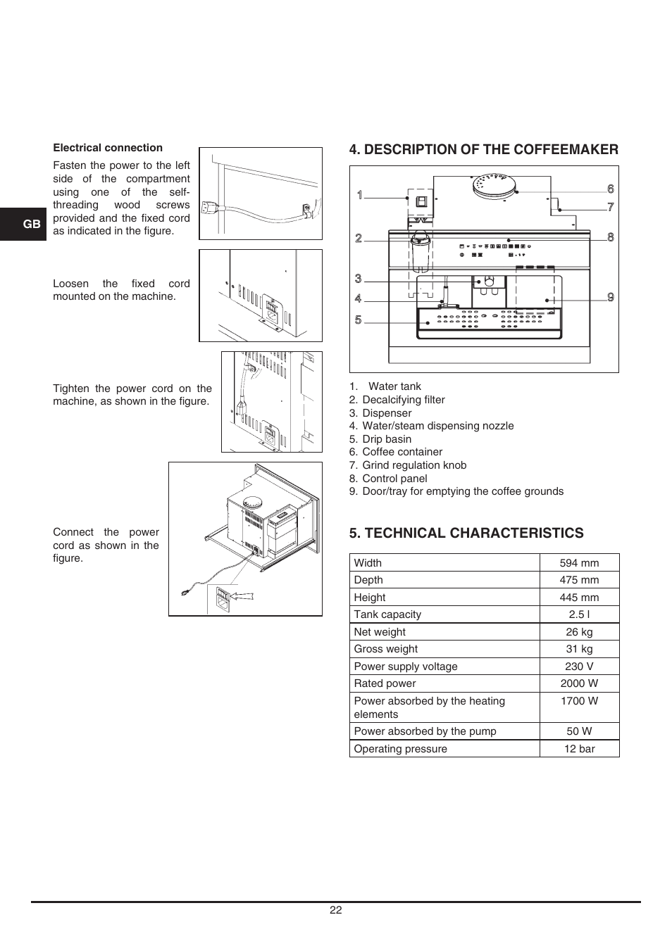 Description of the coffeemaker, Technical characteristics | Fulgor Milano CCM 4509 TC User Manual | Page 22 / 96