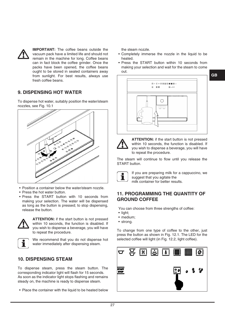 Dispensing hot water, Dispensing steam, Programming the quantity of ground coffee | Fulgor Milano CCM 4509 TC User Manual | Page 27 / 96
