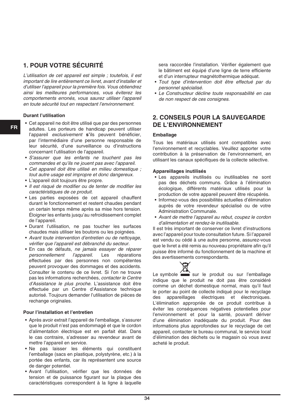 Pour votre sécurité, Conseils pour la sauvegarde de l’environnement | Fulgor Milano CCM 4509 TC User Manual | Page 34 / 96