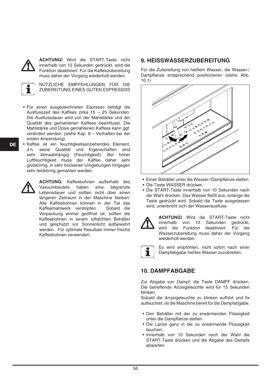 Heisswasserzubereitung, Dampfabgabe | Fulgor Milano CCM 4509 TC User Manual | Page 56 / 96