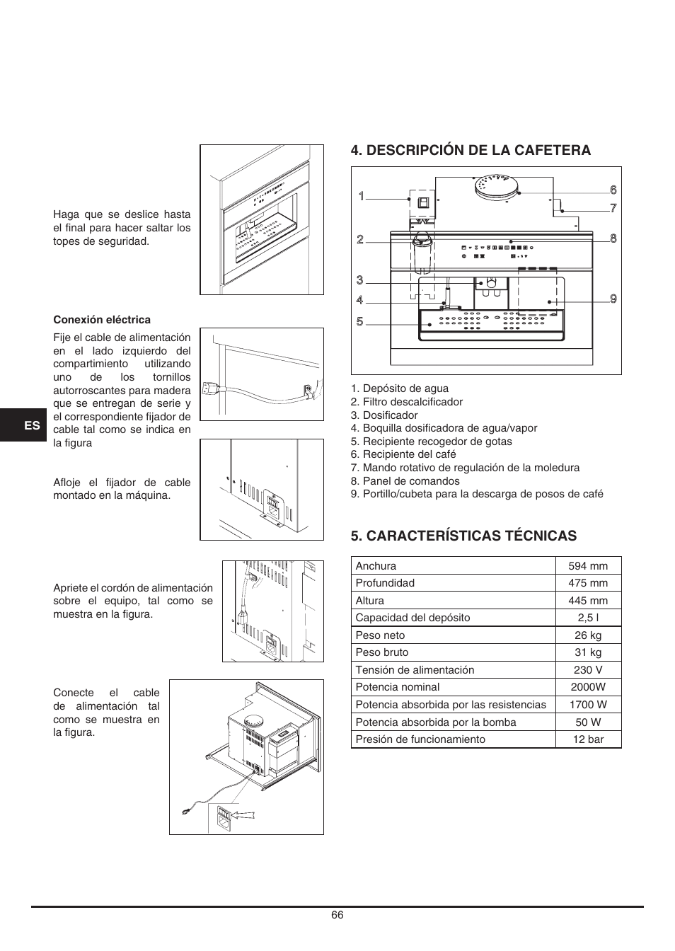 Descripción de la cafetera, Características técnicas | Fulgor Milano CCM 4509 TC User Manual | Page 66 / 96