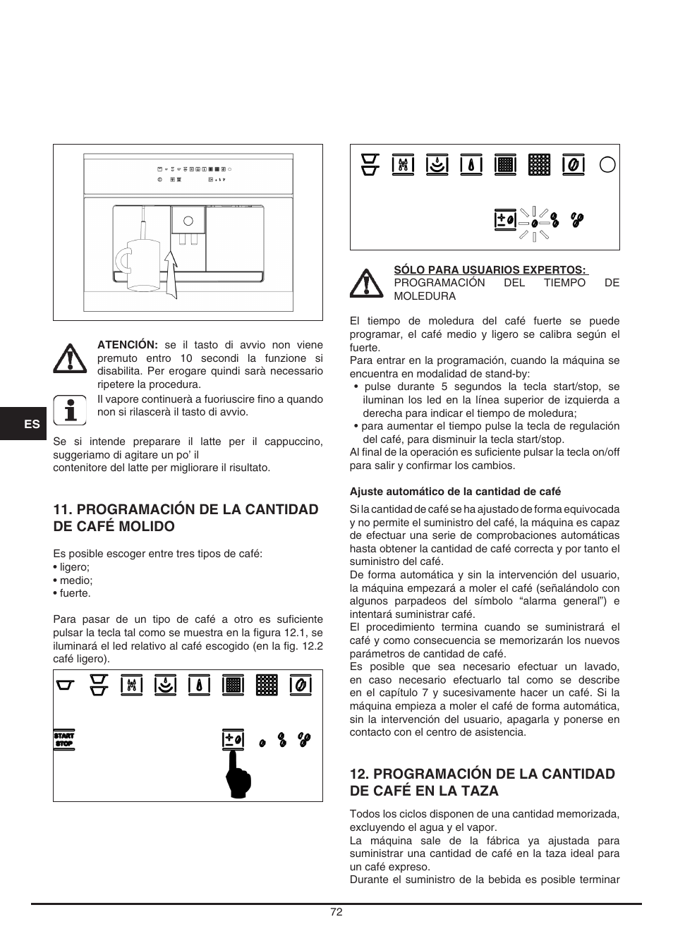 Programación de la cantidad de café en la taza, Programación de la cantidad de café molido | Fulgor Milano CCM 4509 TC User Manual | Page 72 / 96