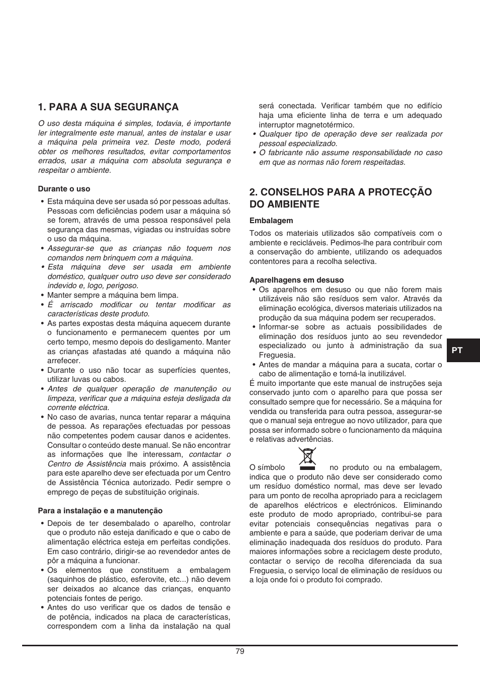 Para a sua segurança, Conselhos para a protecção do ambiente | Fulgor Milano CCM 4509 TC User Manual | Page 79 / 96