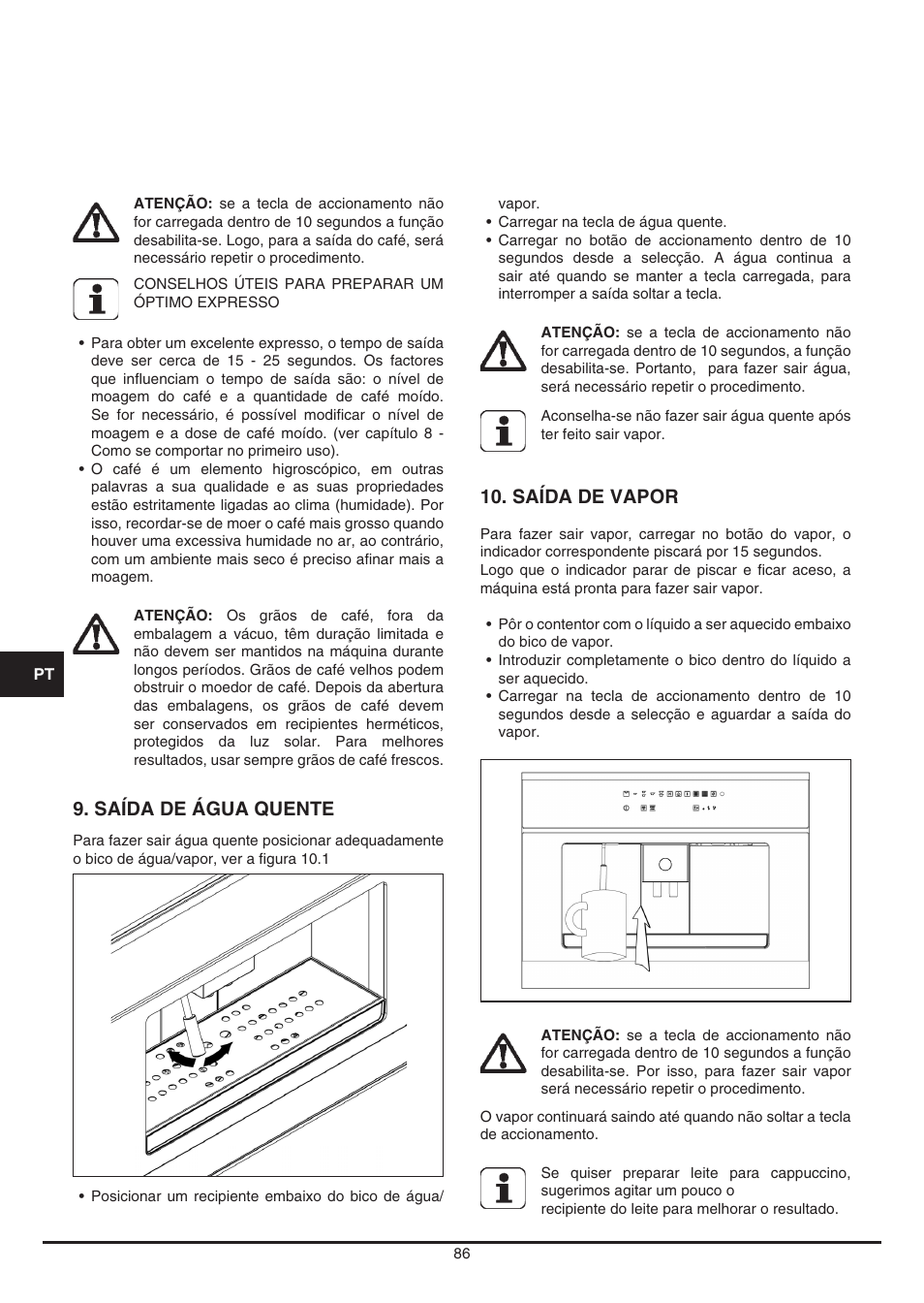 Saída de água quente, Saída de vapor | Fulgor Milano CCM 4509 TC User Manual | Page 86 / 96