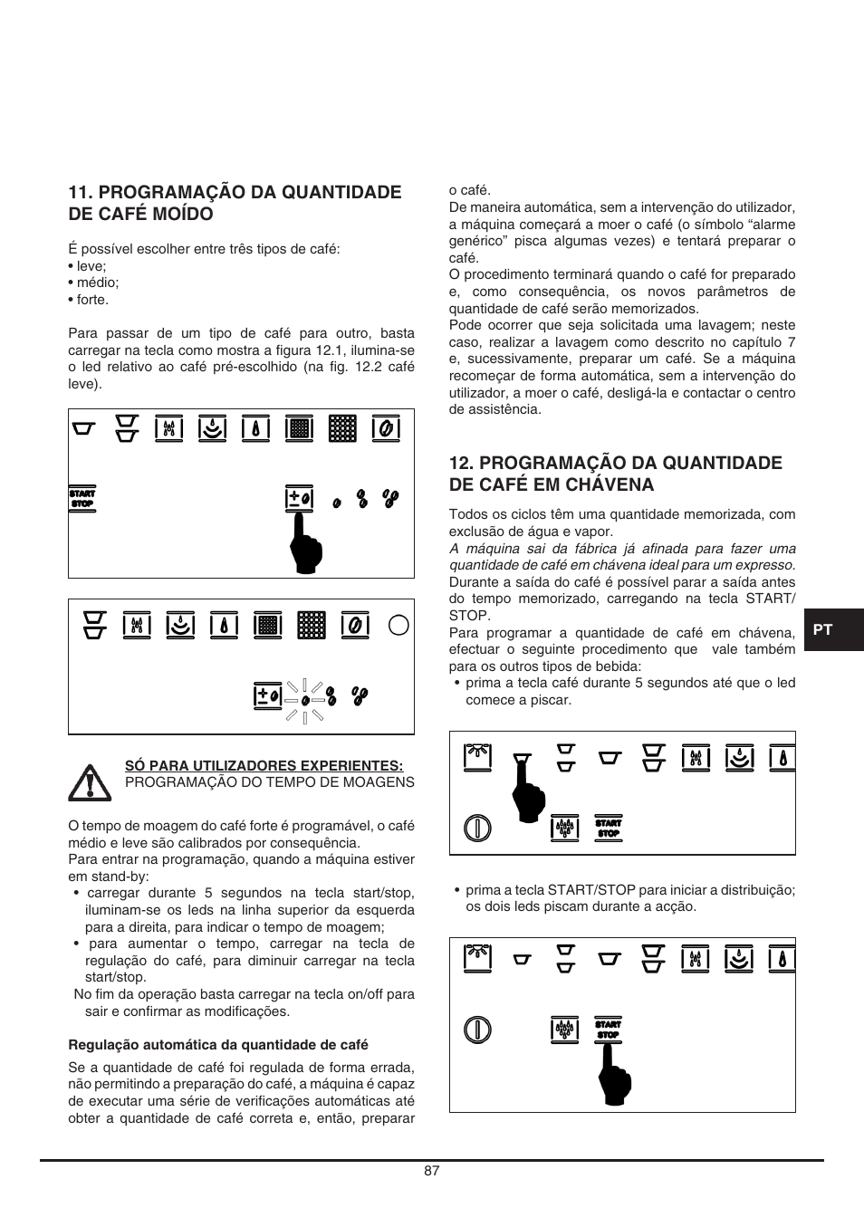 Programação da quantidade de café em chávena, Programação da quantidade de café moído | Fulgor Milano CCM 4509 TC User Manual | Page 87 / 96