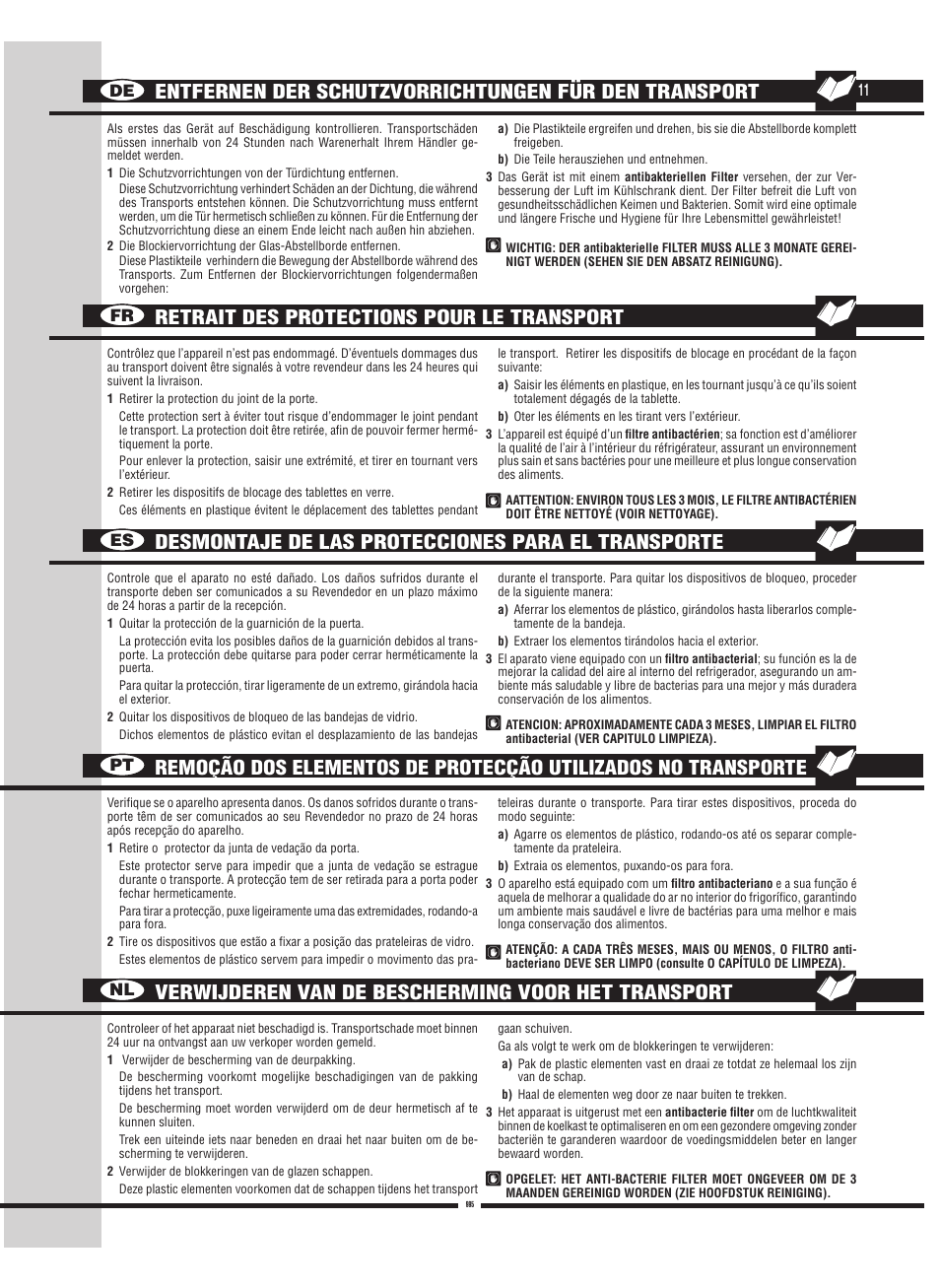 Verwijderen van de bescherming voor het transport, De fr es pt nl | Fulgor Milano FBC 342 TNFED User Manual | Page 11 / 44