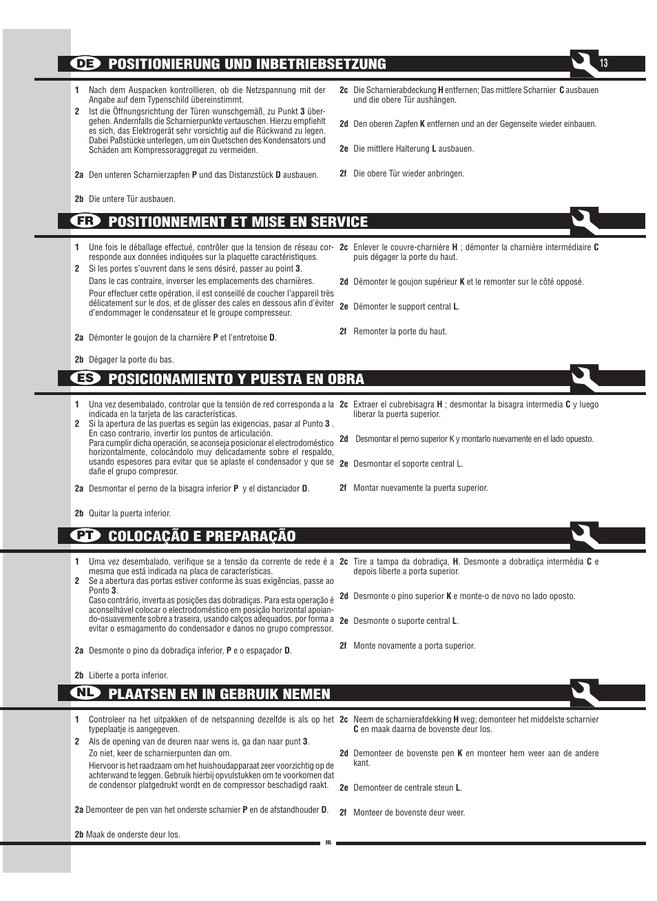 Plaatsen en in gebruik nemen, De fr es pt nl | Fulgor Milano FBC 342 TNFED User Manual | Page 13 / 44