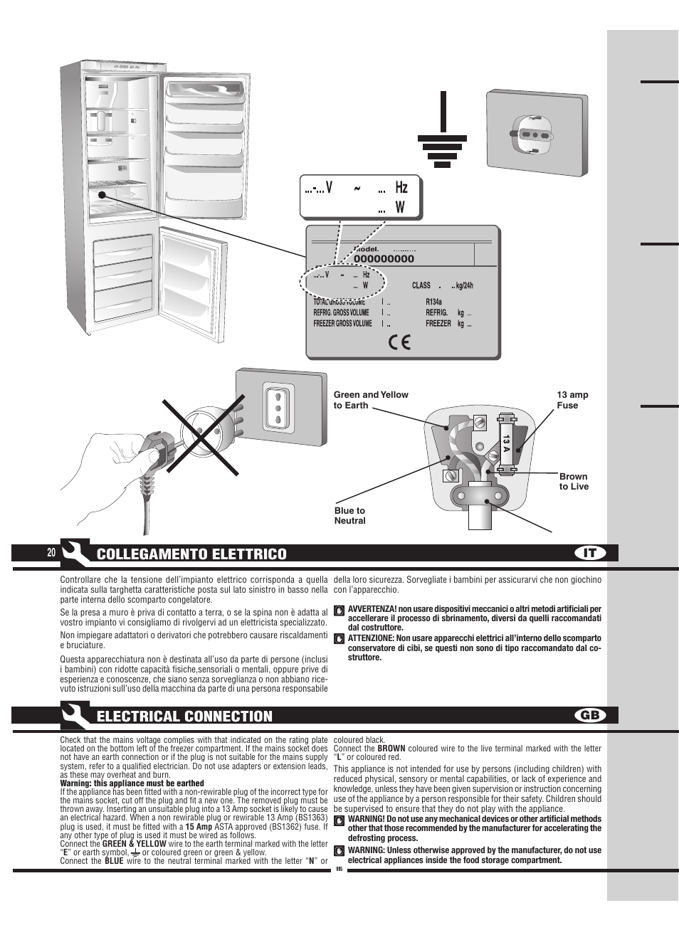 Collegamento elettrico, Electrical connection, It gb 20 | Fulgor Milano FBC 342 TNFED User Manual | Page 20 / 44