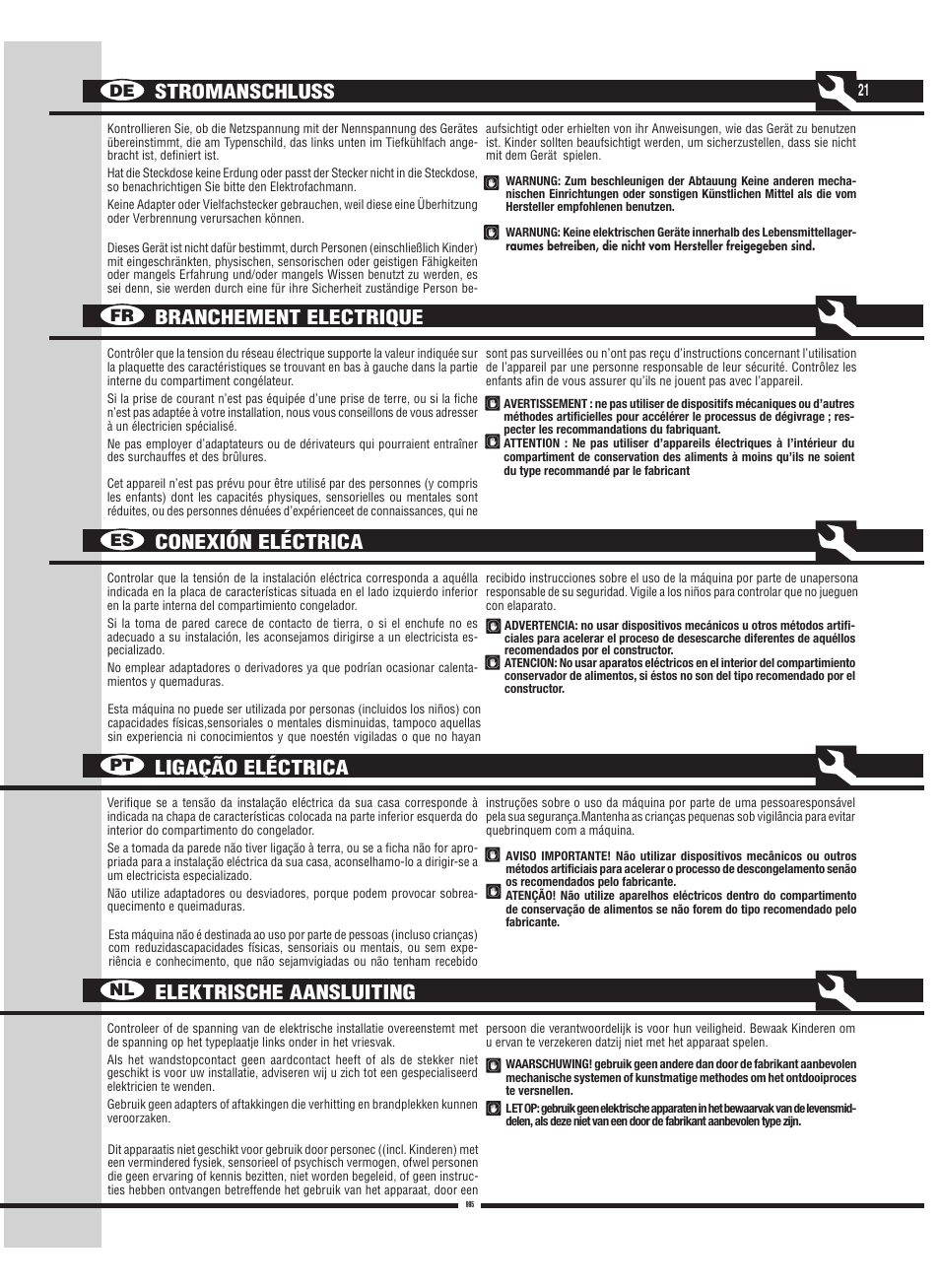 Elektrische aansluiting, De fr es pt nl | Fulgor Milano FBC 342 TNFED User Manual | Page 21 / 44