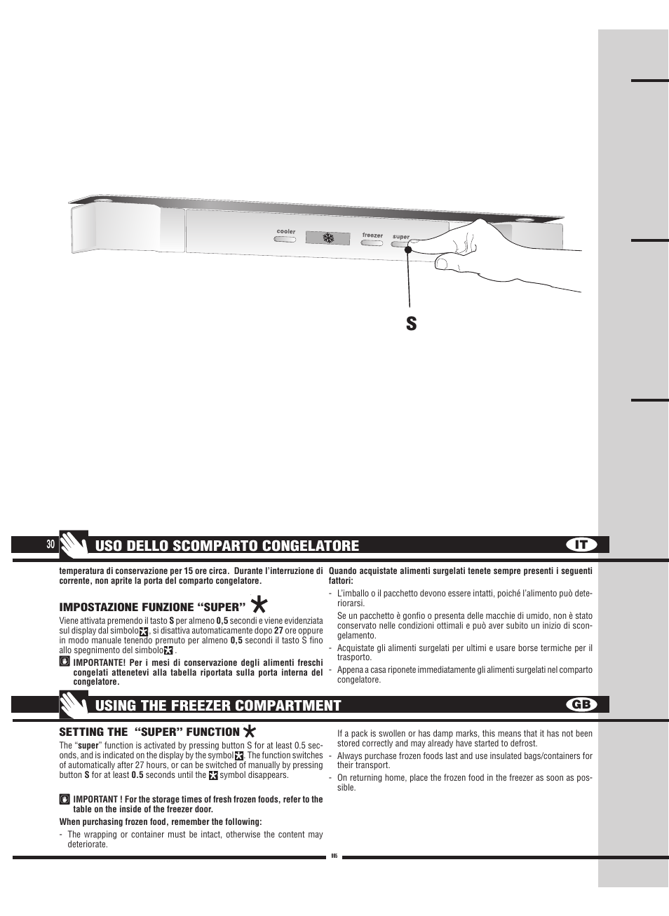 Uso dello scomparto congelatore, Using the freezer compartment, It gb 30 | Fulgor Milano FBC 342 TNFED User Manual | Page 30 / 44