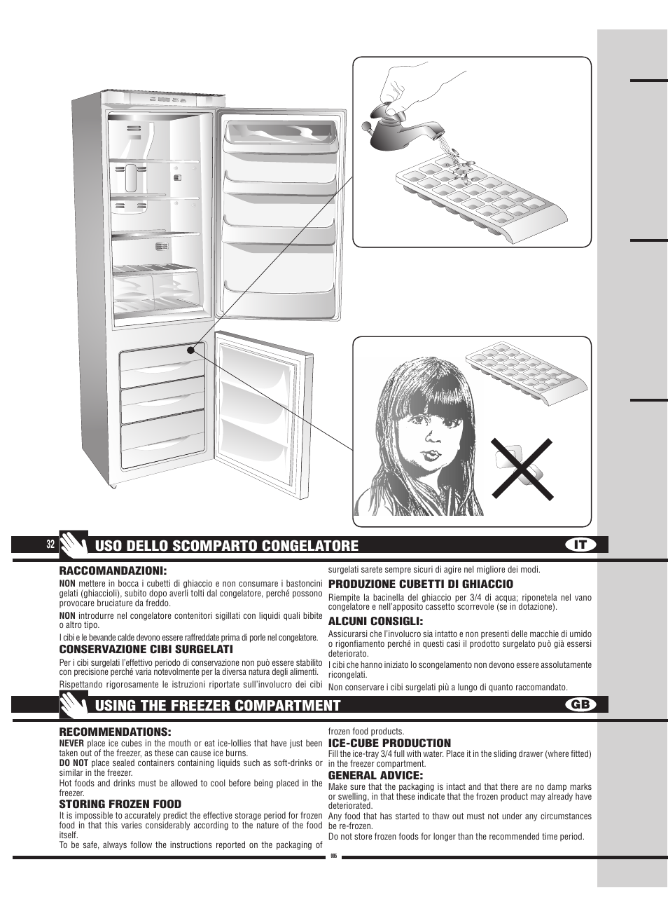 Uso dello scomparto congelatore, Using the freezer compartment | Fulgor Milano FBC 342 TNFED User Manual | Page 32 / 44