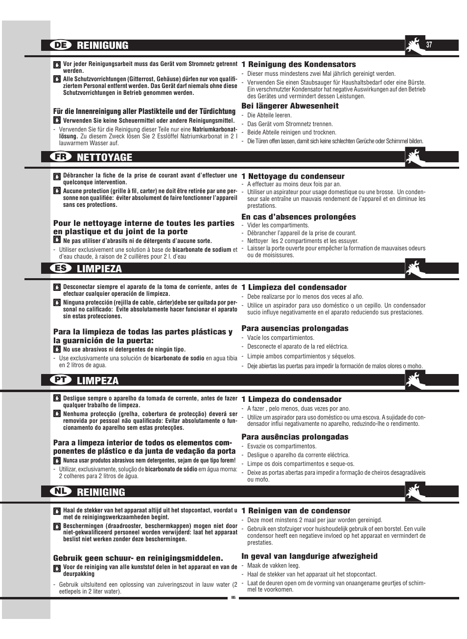Limpieza limpeza reiniging nettoyage reinigung, De fr es pt nl | Fulgor Milano FBC 342 TNFED User Manual | Page 37 / 44