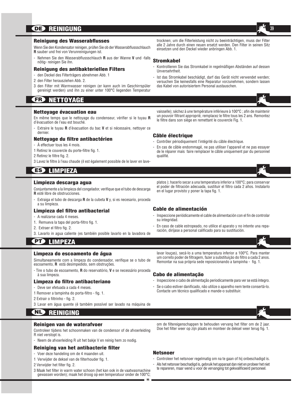 Limpieza limpeza reiniging nettoyage reinigung | Fulgor Milano FBC 342 TNFED User Manual | Page 39 / 44