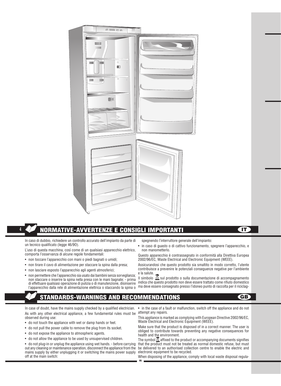 Normative-avvertenze e consigli importanti, Standards-warnings and recommendations | Fulgor Milano FBC 342 TNFED User Manual | Page 4 / 44