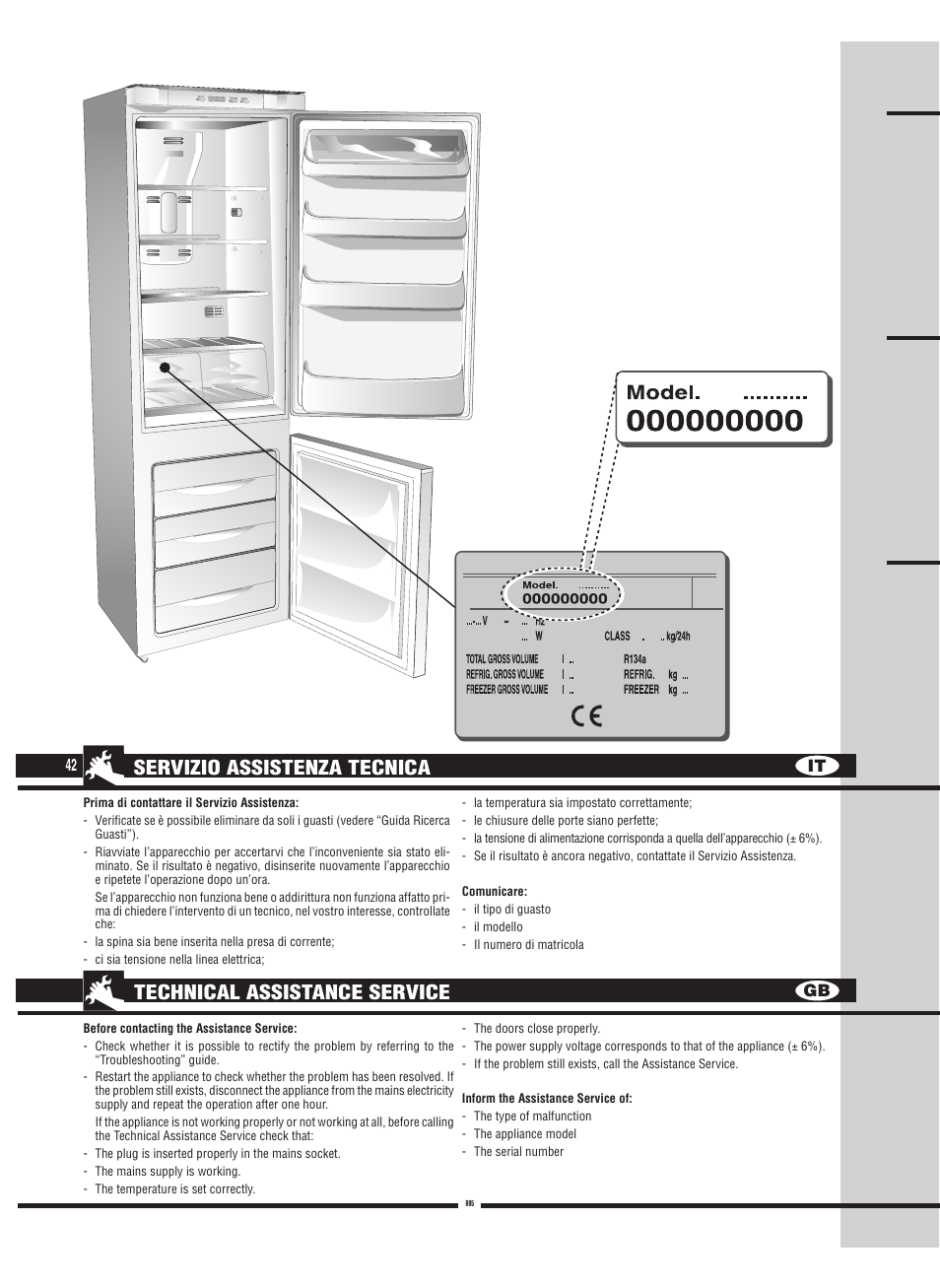 Servizio assistenza tecnica, Technical assistance service, It gb 42 | Fulgor Milano FBC 342 TNFED User Manual | Page 42 / 44