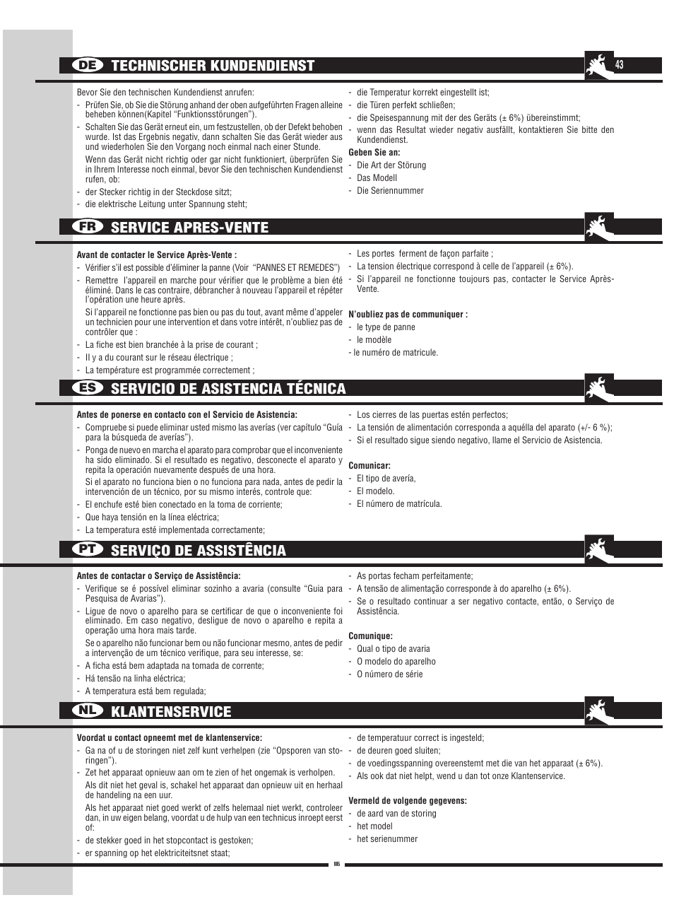 Servicio de asistencia técnica, Klantenservice, De fr es pt nl | Fulgor Milano FBC 342 TNFED User Manual | Page 43 / 44