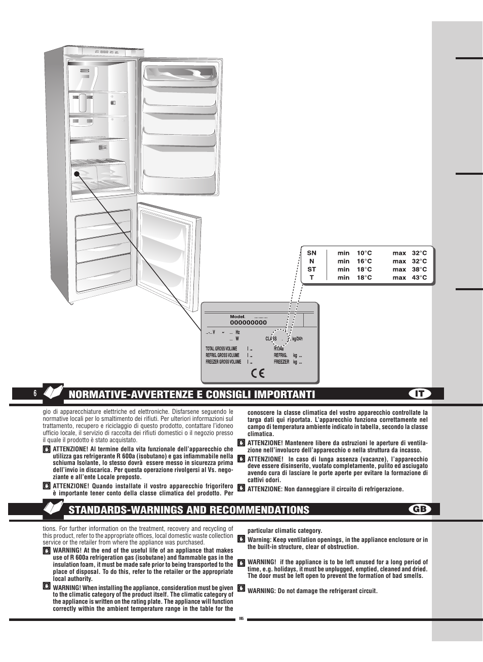 Normative-avvertenze e consigli importanti, Standards-warnings and recommendations, It gb 6 | Fulgor Milano FBC 342 TNFED User Manual | Page 6 / 44