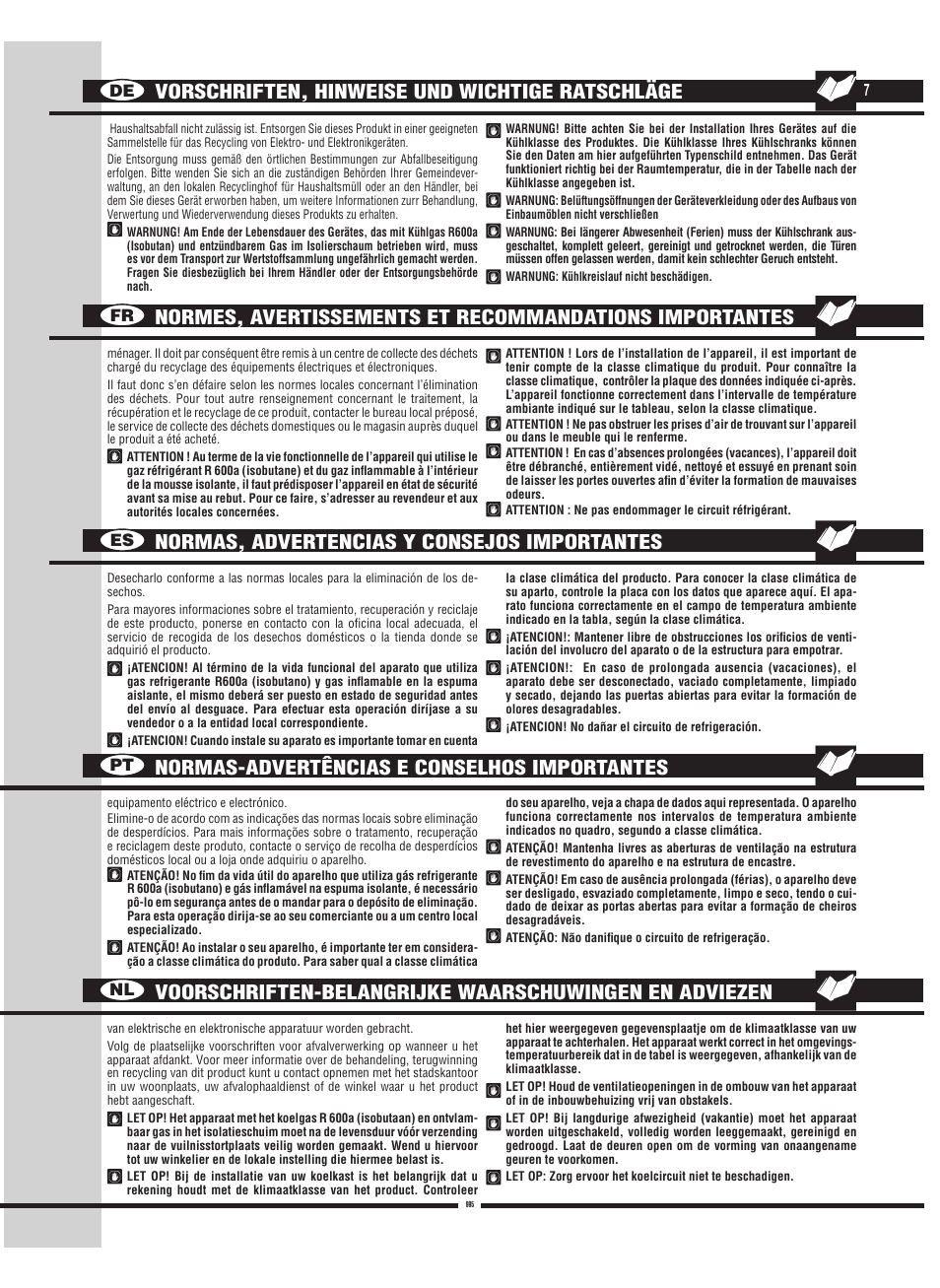 De fr es pt nl | Fulgor Milano FBC 342 TNFED User Manual | Page 7 / 44