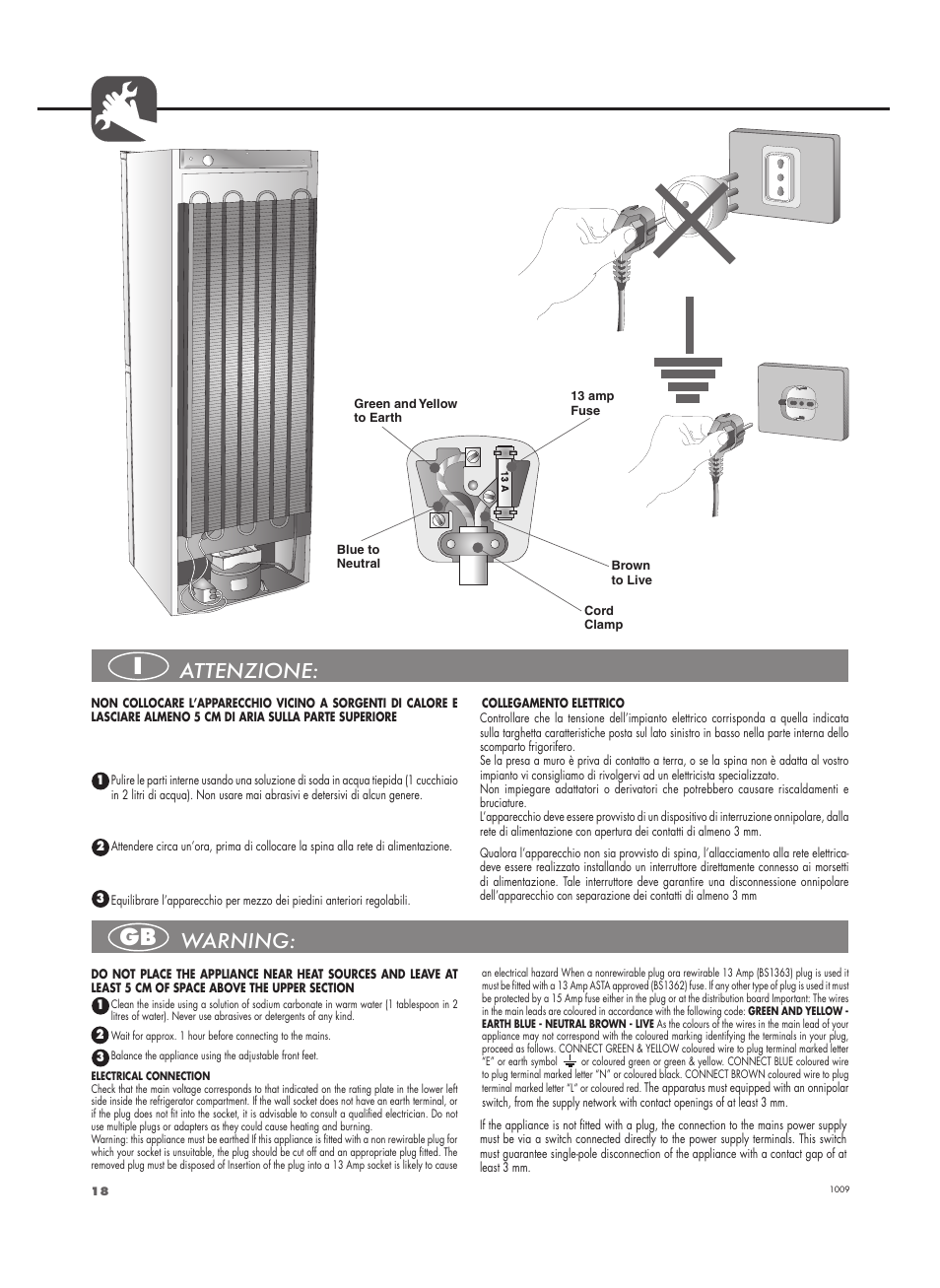 Attenzione, Warning | Fulgor Milano FBC 332 FE User Manual | Page 18 / 36