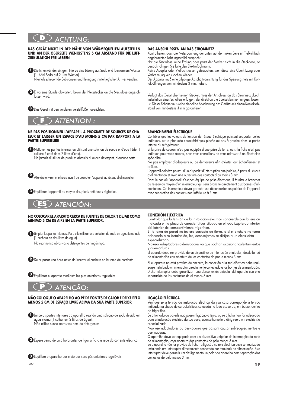 Df es p, Atención: attention : achtung: atenção | Fulgor Milano FBC 332 FE User Manual | Page 19 / 36