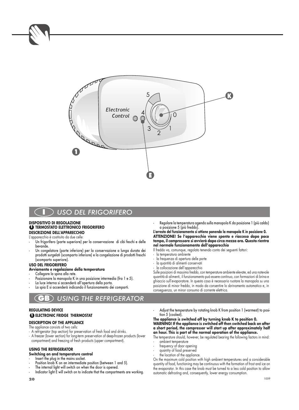 Uso del frigorifero, Using the refrigerator, E1 k | Fulgor Milano FBC 332 FE User Manual | Page 20 / 36