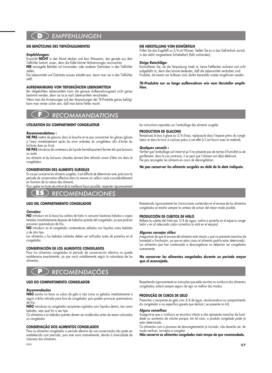 Df es p, Recomendaciones, Recommandations | Empfehlungen, Recomendações | Fulgor Milano FBC 332 FE User Manual | Page 27 / 36