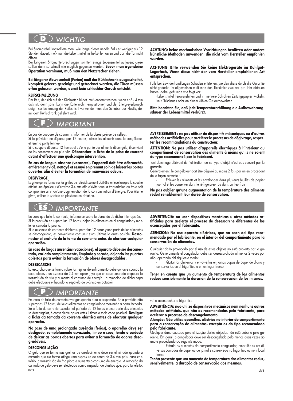 Df es p, Importante, Important | Wichtig | Fulgor Milano FBC 332 FE User Manual | Page 31 / 36