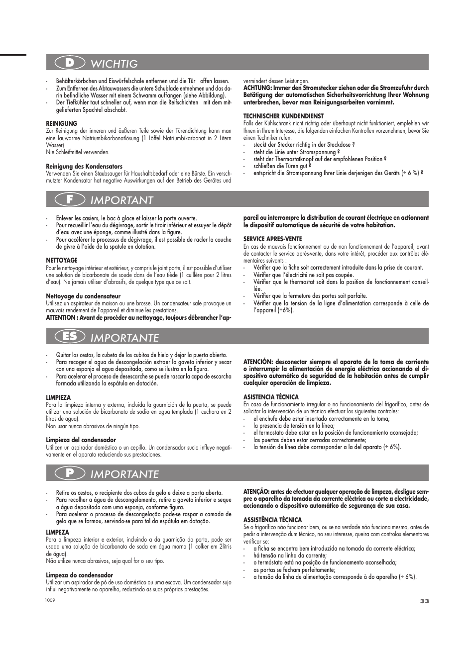 Df es p, Importante, Important | Wichtig | Fulgor Milano FBC 332 FE User Manual | Page 33 / 36