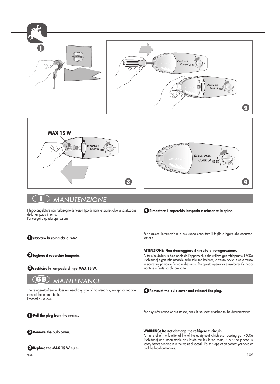 Manutenzione, Maintenance, Max 15 w | Fulgor Milano FBC 332 FE User Manual | Page 34 / 36