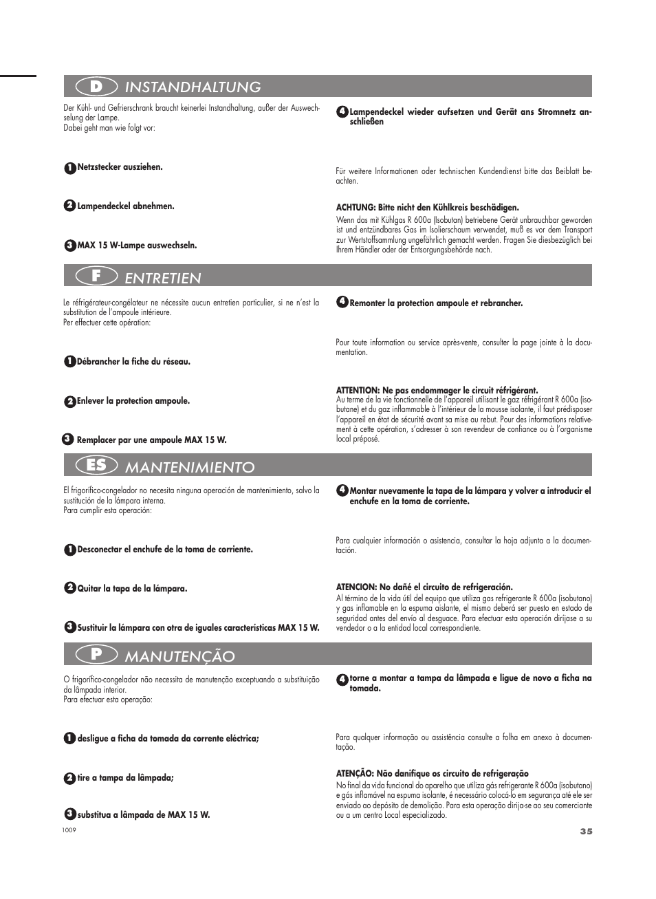 Df es p, Mantenimiento, Entretien | Instandhaltung, Manutenção | Fulgor Milano FBC 332 FE User Manual | Page 35 / 36