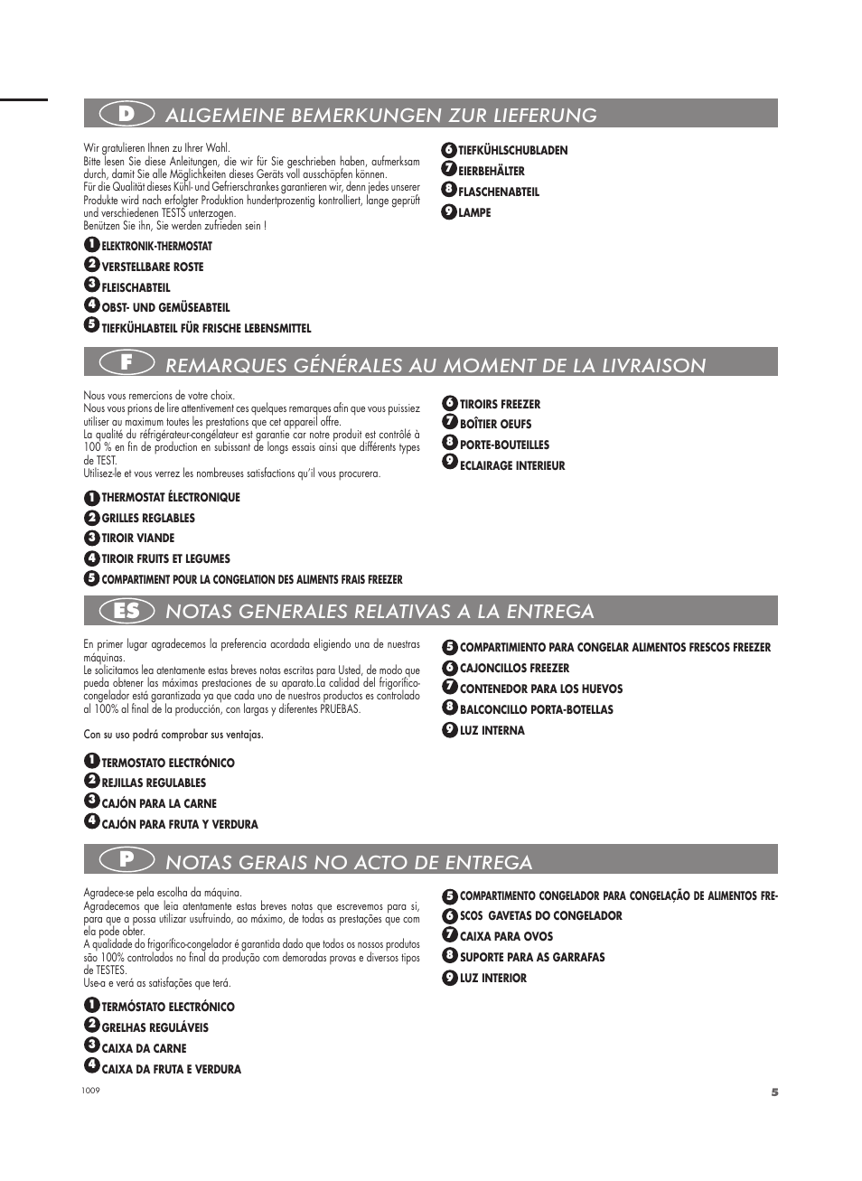 Df es p, Notas generales relativas a la entrega, Remarques générales au moment de la livraison | Allgemeine bemerkungen zur lieferung, Notas gerais no acto de entrega | Fulgor Milano FBC 332 FE User Manual | Page 5 / 36