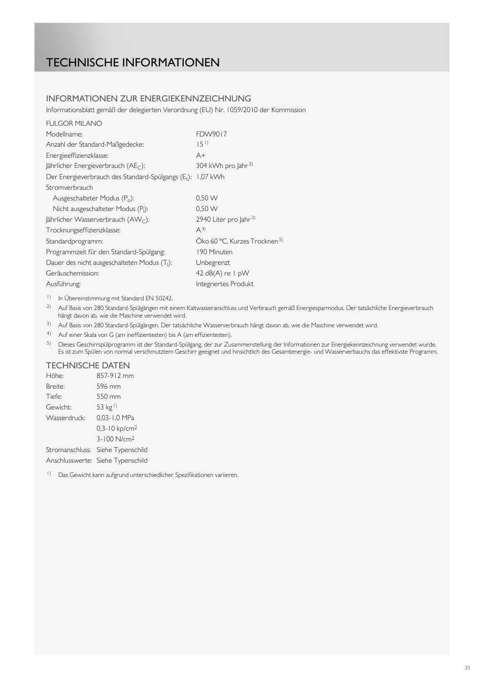 Technische informationen, Informationen zur energiekennzeichnung, Technische daten | Fulgor Milano FDW9017 User Manual | Page 107 / 168