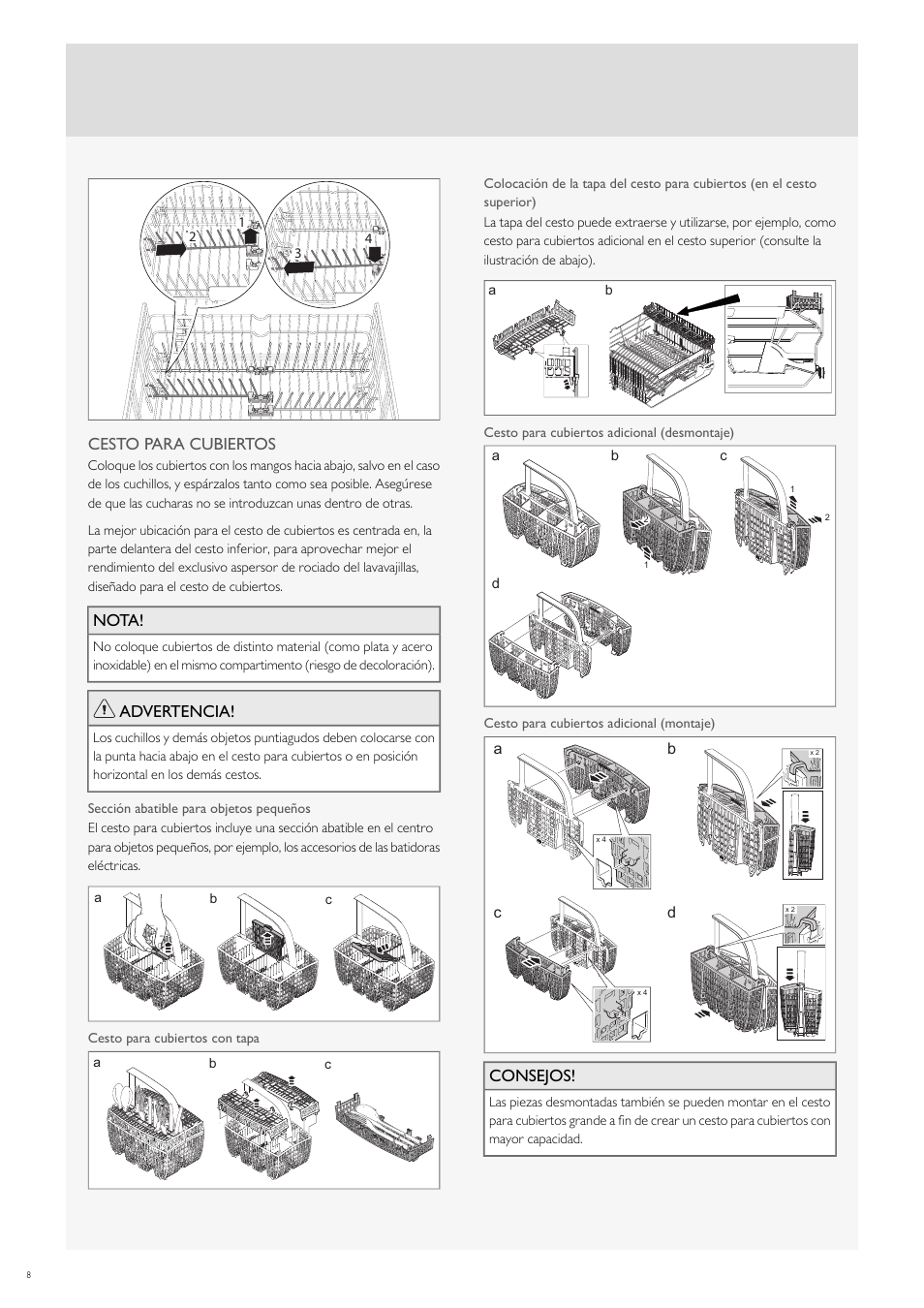 Cesto para cubiertos, Nota, Advertencia | Consejos | Fulgor Milano FDW9017 User Manual | Page 120 / 168