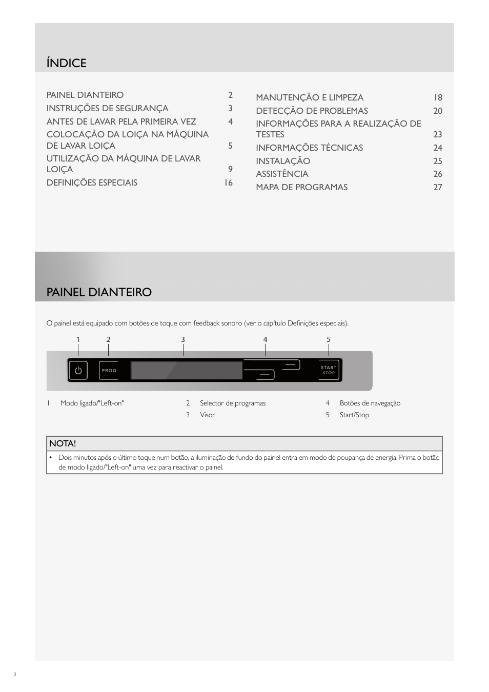 Índice, Painel dianteiro | Fulgor Milano FDW9017 User Manual | Page 142 / 168