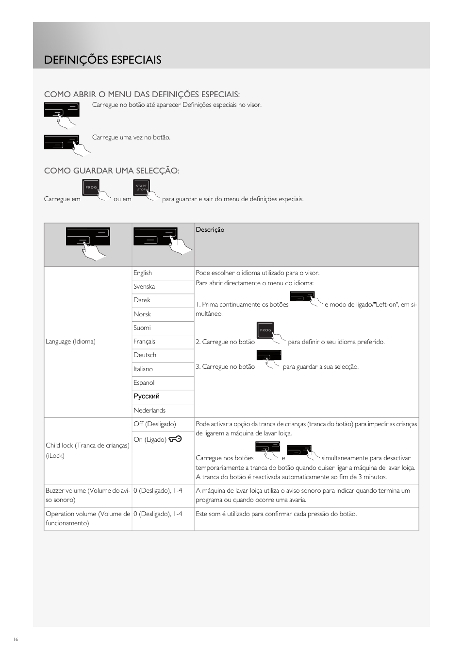 Definições especiais | Fulgor Milano FDW9017 User Manual | Page 156 / 168