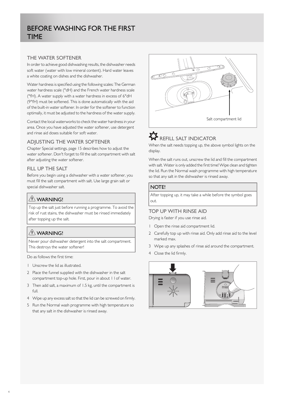 Before washing for the first time | Fulgor Milano FDW9017 User Manual | Page 32 / 168