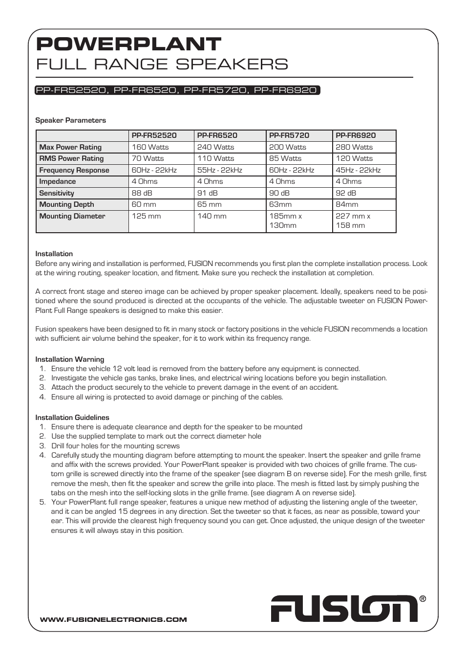 Fusion PP-FR6920 User Manual | 2 pages