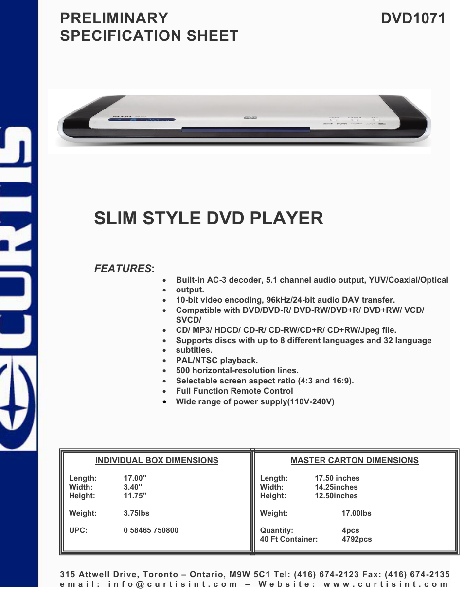 Curtis DVD1071 User Manual | 1 page