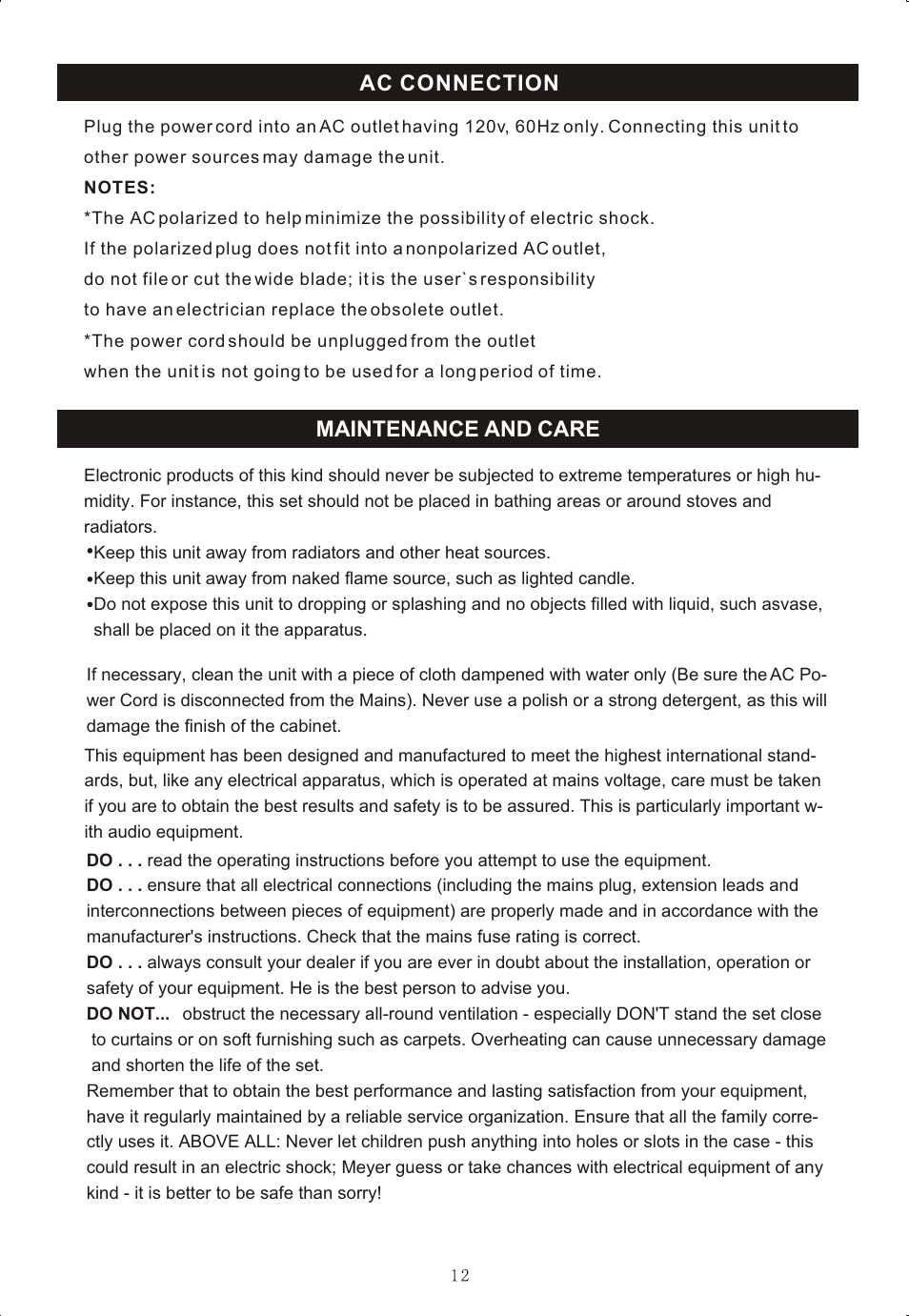 Т³гж 13, Ac connection maintenance and care | Curtis RCD-718 User Manual | Page 13 / 13