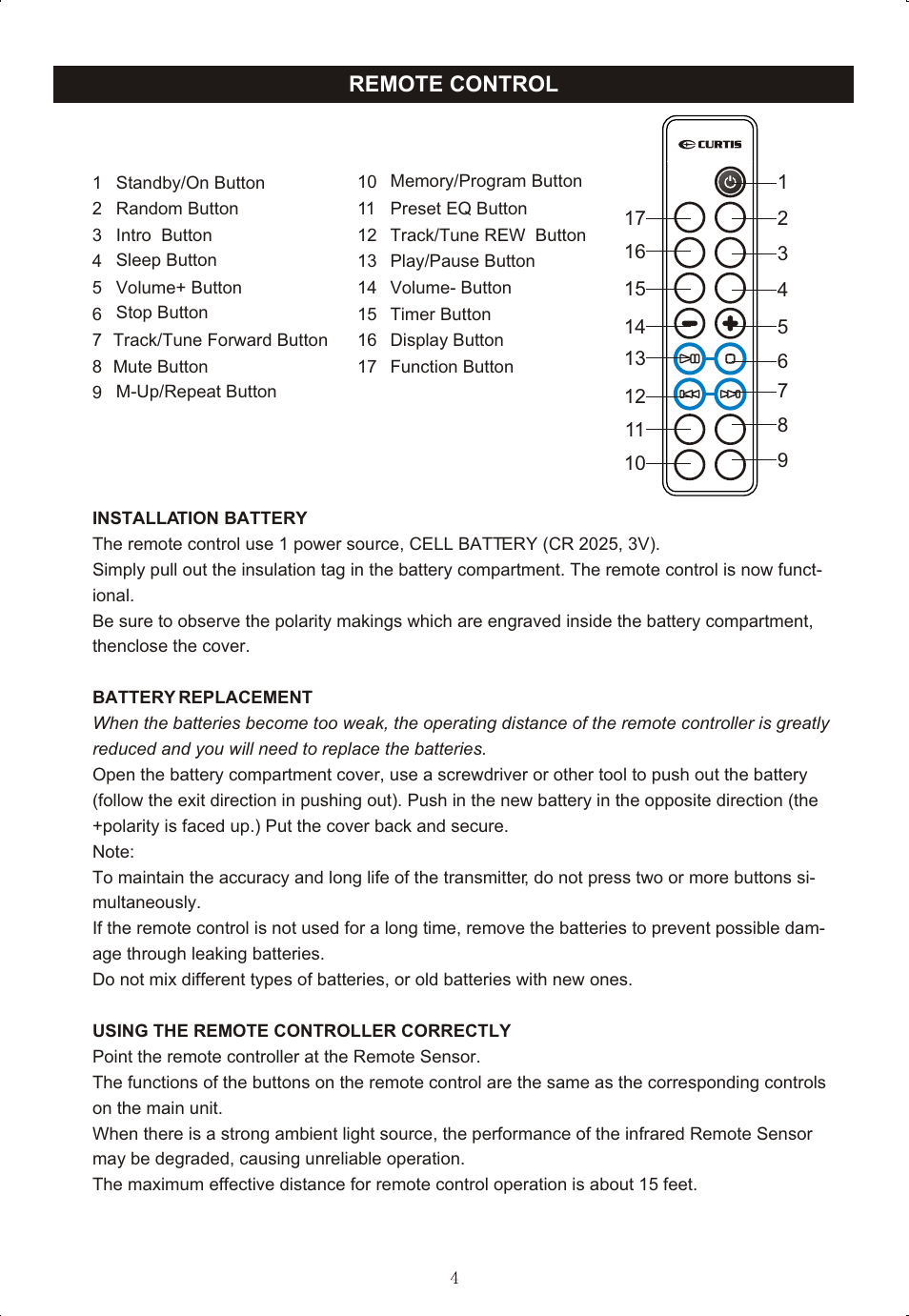 Т³гж 5, Remote control | Curtis RCD-718 User Manual | Page 5 / 13