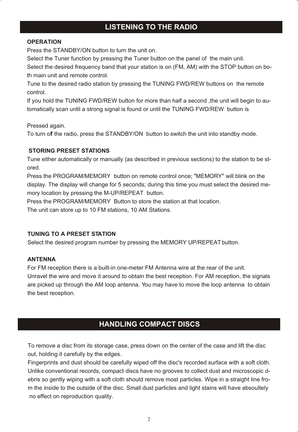 Т³гж 8, Handling compact discs listening to the radio | Curtis RCD-718 User Manual | Page 8 / 13