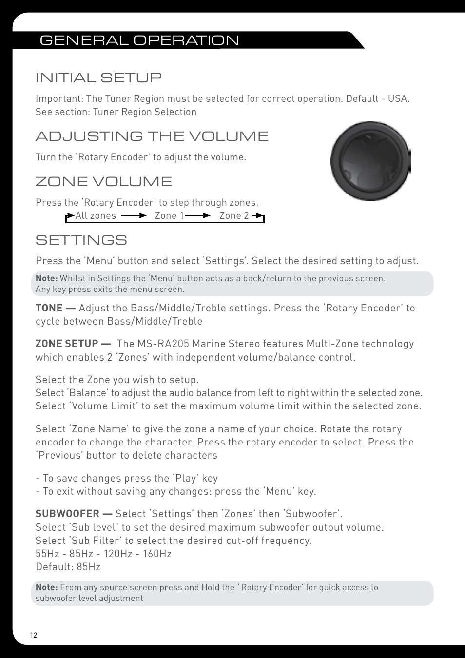 General operation initial setup, Adjusting the volume, Zone volume | Settings | Fusion MS-RA205 User Manual | Page 12 / 32