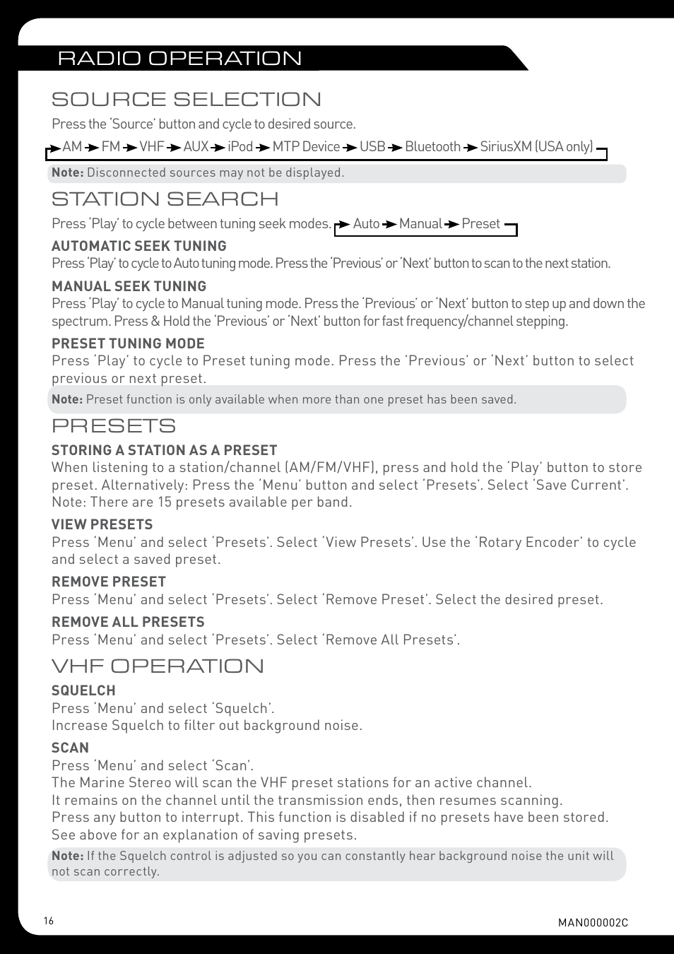 Radio operation source selection, Station search, Presets | Vhf operation | Fusion MS-RA205 User Manual | Page 16 / 32