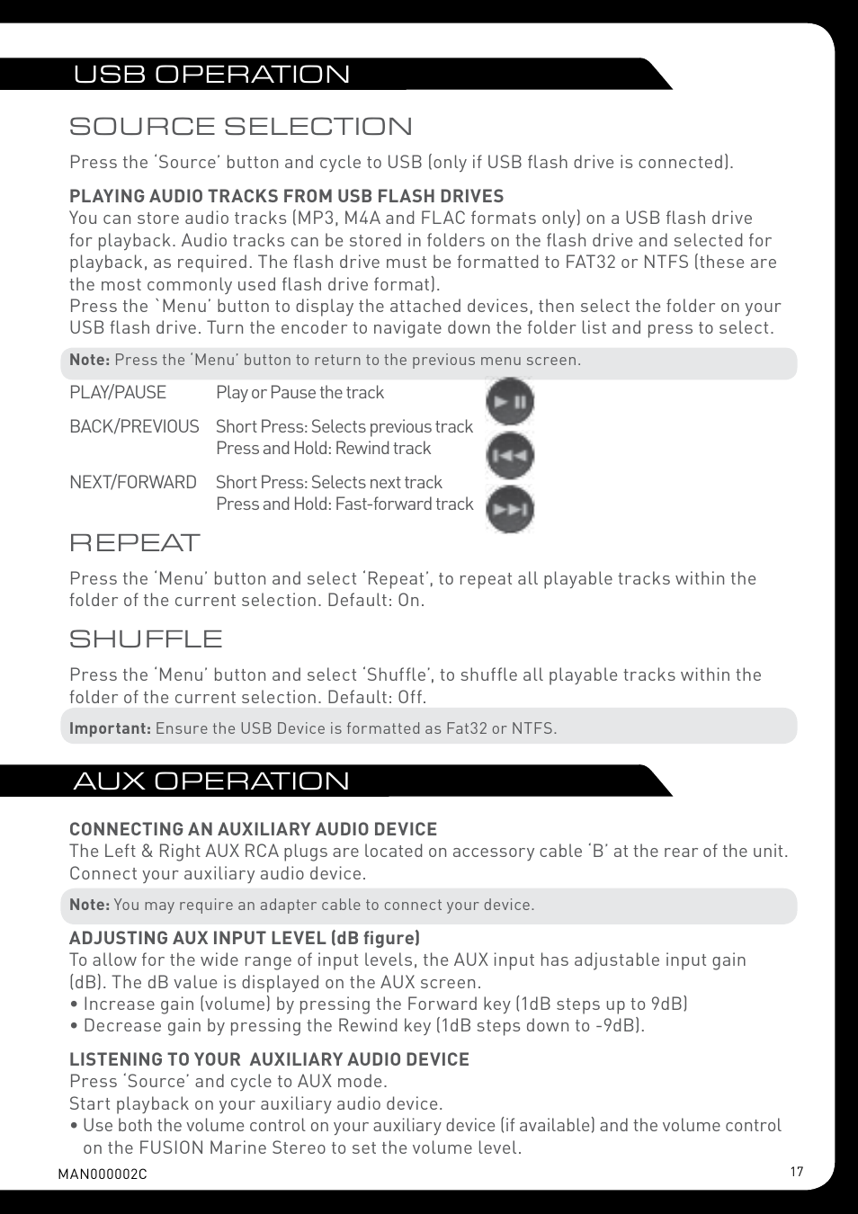Usb operation aux operation source selection, Repeat, Shuffle | Fusion MS-RA205 User Manual | Page 17 / 32