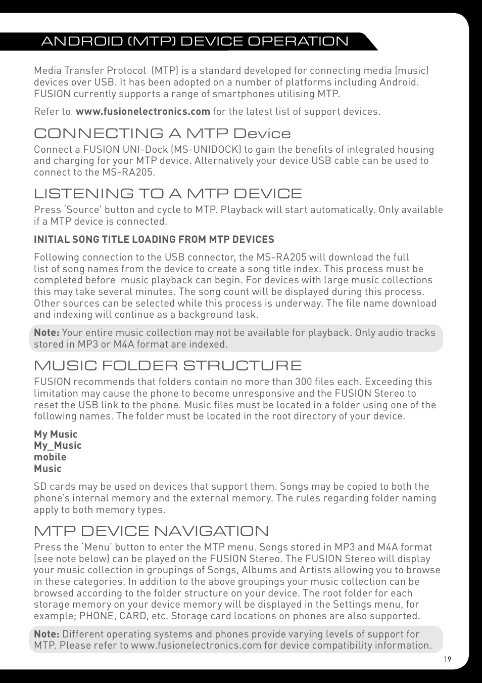 Connecting a mtp device, Listening to a mtp device, Music folder structure | Mtp device navigation | Fusion MS-RA205 User Manual | Page 19 / 32