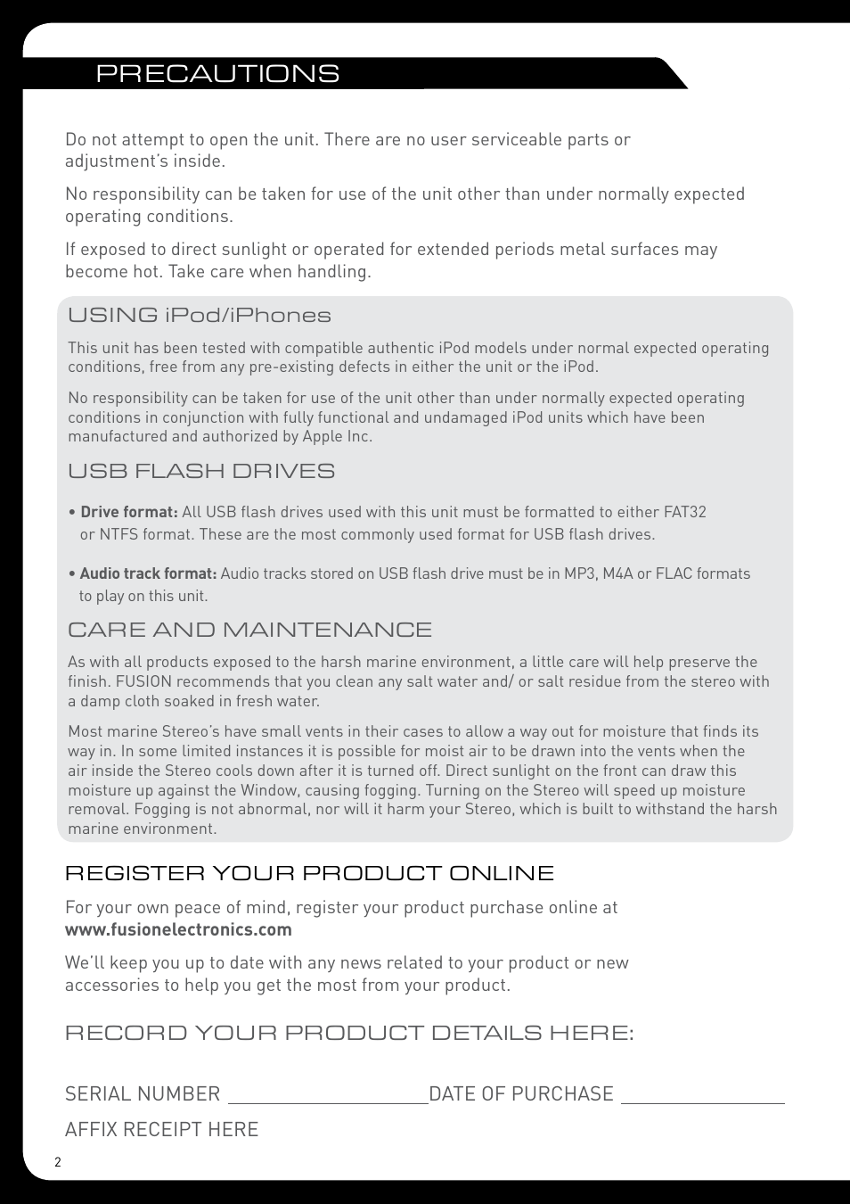 Precautions | Fusion MS-RA205 User Manual | Page 2 / 32