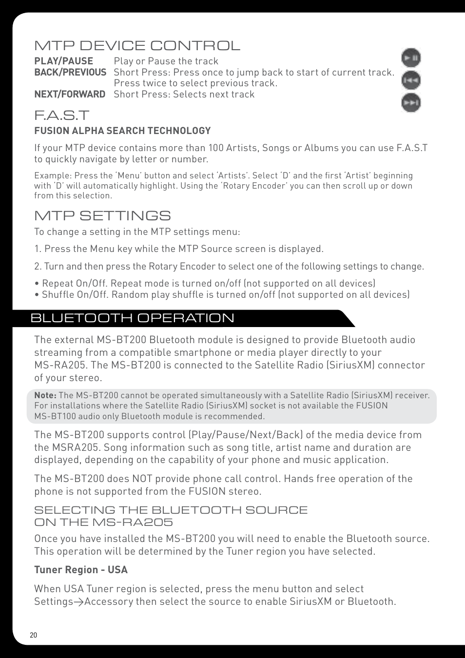 Mtp device control, F.a.s.t, Mtp settings | Bluetooth operation | Fusion MS-RA205 User Manual | Page 20 / 32