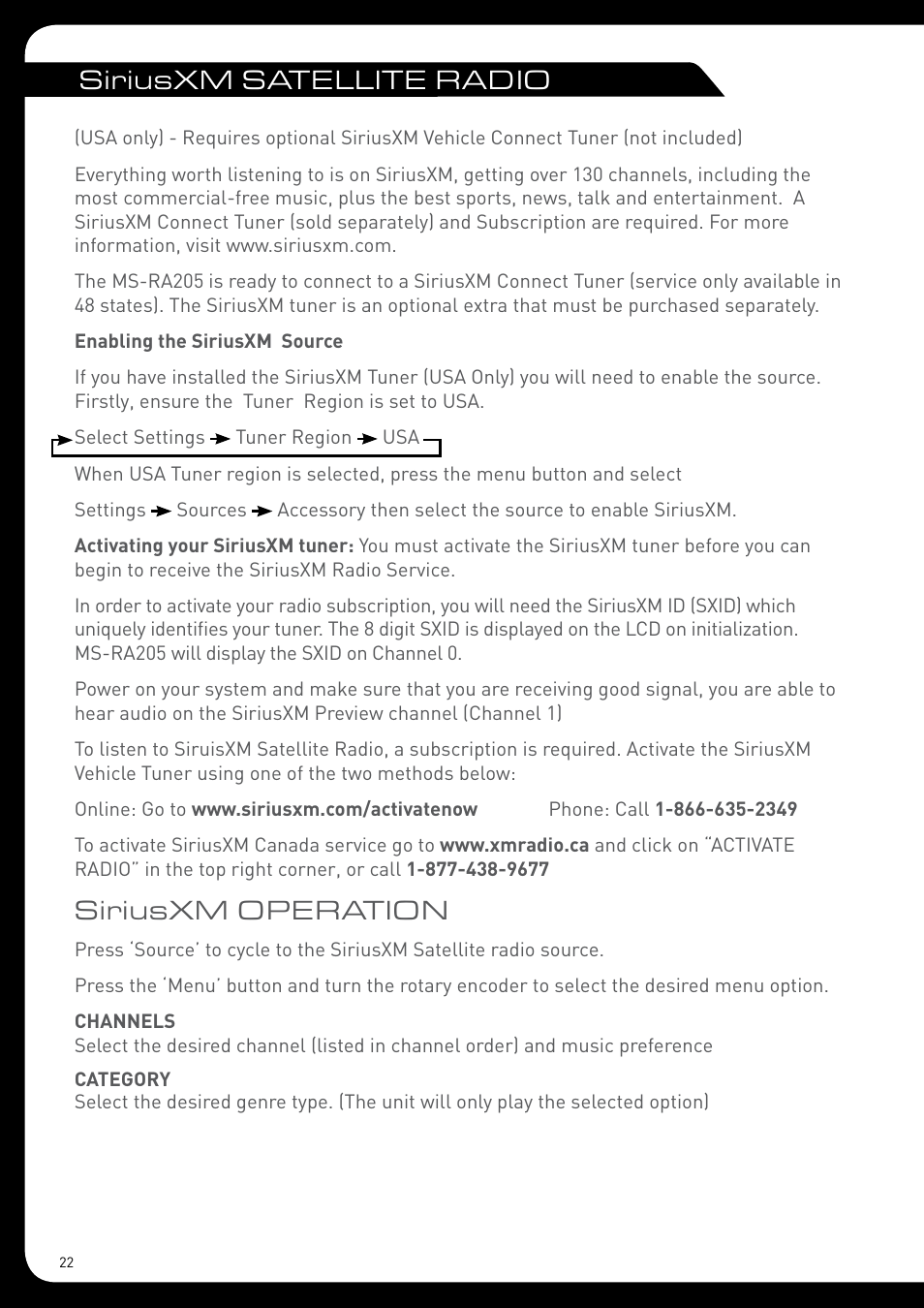 Siriusxm satellite radio, Siriusxm operation | Fusion MS-RA205 User Manual | Page 22 / 32