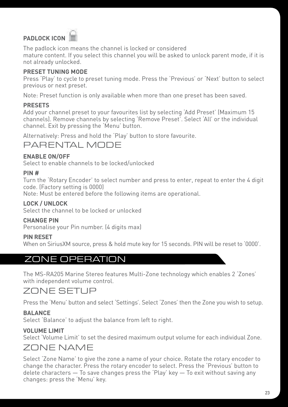 Parental mode, Zone setup, Zone name | Zone operation | Fusion MS-RA205 User Manual | Page 23 / 32